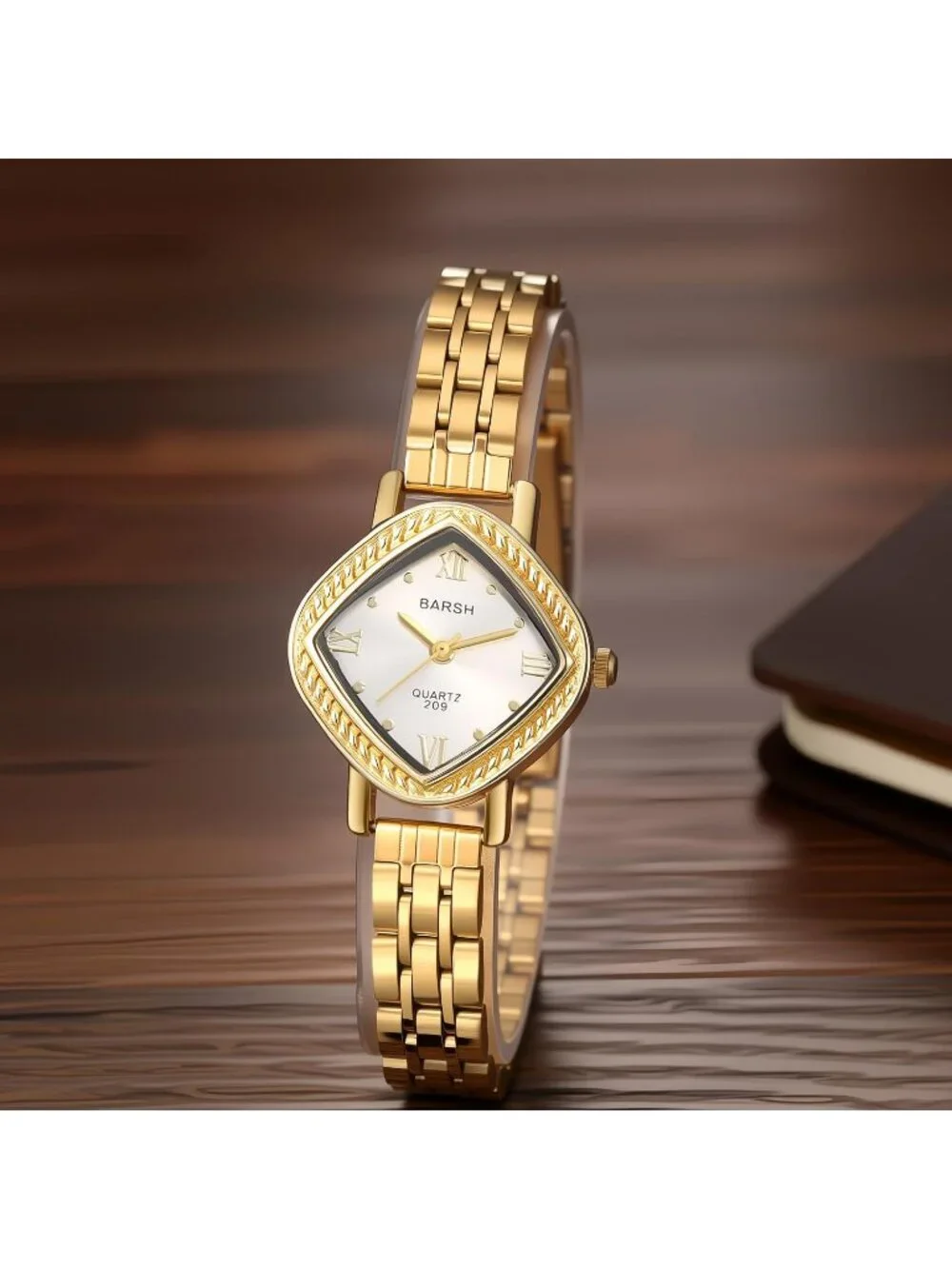 Women’s Gold White Analog Quartz Roman Numerals Stainless Steel Band Wrist Watch